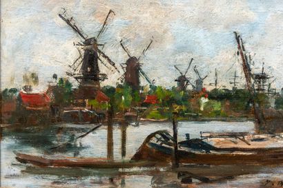 null Eugène BOUDIN (1828-1898).

Canal à Rotterdam.

Huile sur panneau, signée en...