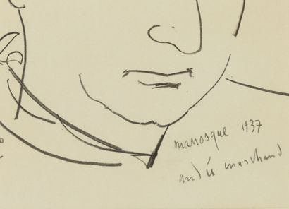 null André MARCHAND (1907-1997).

Portrait de Jean Giono à Manosque.

Dessin signé,...