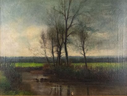 null Auguste ALLONGE (1822-1898).
Ruisseau dans la prairie.
Huile sur toile, rentoilage,...