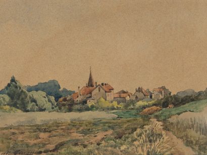 null Alexis Eugène GUIGNE (1839-1920). 
Village. 
Aquarelle sur papier, signé en...