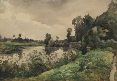 null Alexis Eugène GUIGNE (1839-1920). 
Vue des bords de l'Oise. 
Aquarelle sur papier,...