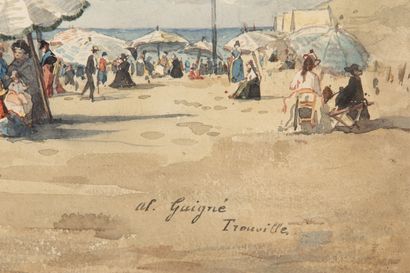 null Alexis Eugène GUIGNE (1839-1920). 
La plage de Trouville. 
Aquarelle sur papier,...