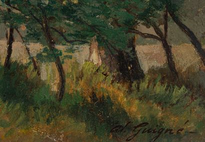 null Alexis Eugène GUIGNE (1839-1920). 
Berger et ses moutons. 
Huile sur panneau,...