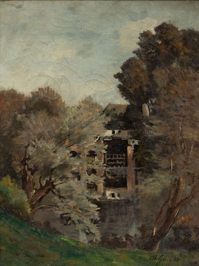 null Alexis Eugène GUIGNE (1839-1920). 
Maison en bord de rivière.
Huile sur toile,...