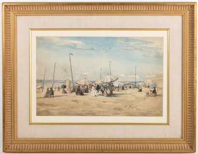 null Alexis Eugène GUIGNE (1839-1920). 
La plage de Trouville. 
Aquarelle sur papier,...