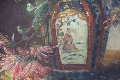 null Edmond VAN COPPENOLLE (c.1843/46-1915).
Bouquet de dahlias dans un vase chinois...