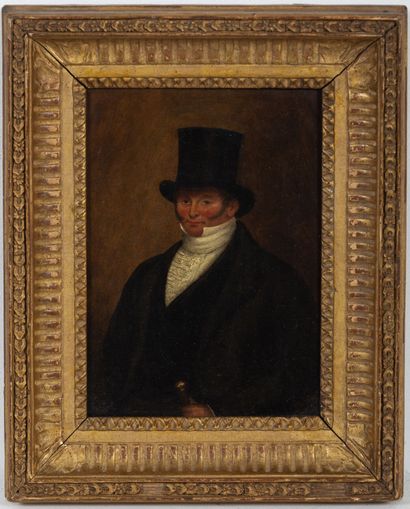 null École française du XIXème siècle.
Portrait d'homme au haut-de-forme.
Huile sur...