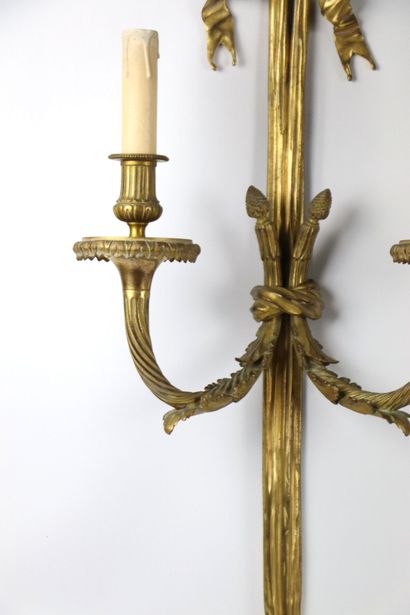 null Henri VIAN (1860-1905).
Importante paire d'appliques en bronze doré à deux lumières....