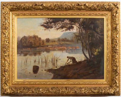 null École française vers 1900.
Femme près d'un étang. 
Huile sur toile. 
H_65 cm...