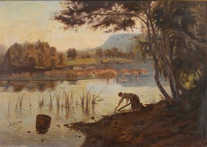 null École française vers 1900.
Femme près d'un étang. 
Huile sur toile. 
H_65 cm...