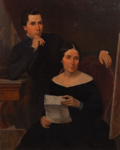 null Ecole anglaise vers 1840-1850.
Portrait de Madame Hewitt et de son fils, lisant...