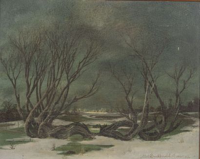 null Albert DRACHKOVITCH-THOMAS (1928).
Les arbres au bord du plan d'eau.
Huile sur...