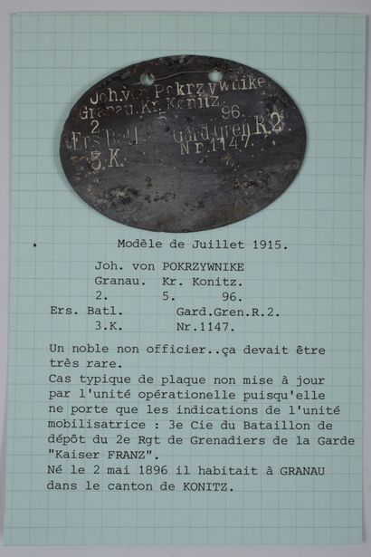 null Plaque d'identité allemande 1914-1918.
Plaque et fiche descriptive établie par...