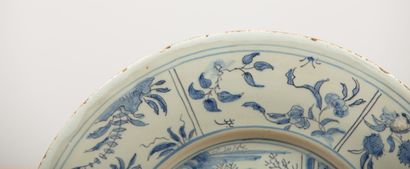 null NEVERS.
Small earthenware dish decorated in blue monochrome with Chinese in...