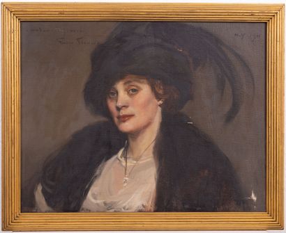 null François FLAMENG (1856-1923).
Portrait of a woman with a feathered hat, Madame...