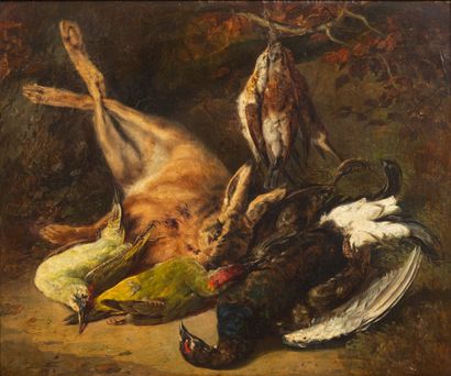 null Clara VON WILLE (1838-1883).
Still life with hares and birds.
Oil on canvas,...