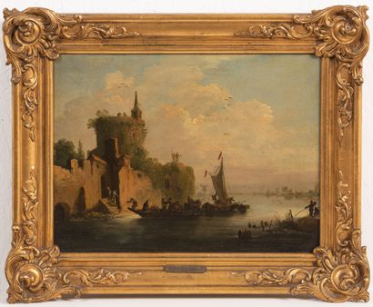 null Ecole hollandaise du XVIIème siècle.
Paysages animés de bateaux.
Paire d'huile...