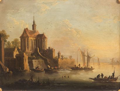 null Ecole hollandaise du XVIIème siècle.
Paysages animés de bateaux.
Paire d'huile...