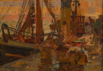 null Henri Gaston DARIEN (1864-1926).
Boat at the quay.
Oil on panel, signed lower...