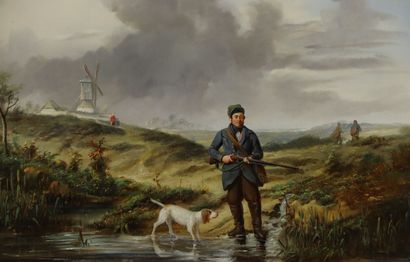 null Jehan MARCHANT DUBOIS D'HAULT (act.1835-1848).
Hunter and his dog, landscape...