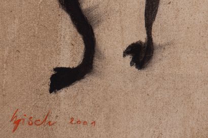 null Thierry BISCH (1953). 
Cinq grenouilles noires. 
Fusain sur carton, signé en...