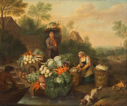 null Norbert il Bamboccio VAN BLOEMEN (1670-1746), attribué à.
Les marchands de légumes.
Huile...
