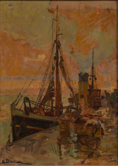 null Henri Gaston DARIEN (1864-1926).
Barque à quai.
Huile sur panneau, signée en...