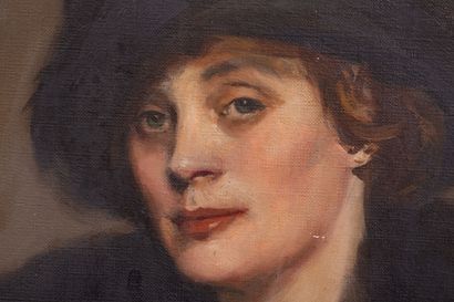 null François FLAMENG (1856-1923).
Portrait de femme au chapeau de plumes, Madame...