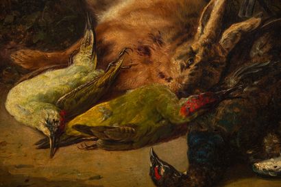 null Clara VON WILLE (1838-1883).
Nature morte aux lièvres et aux oiseaux.
Huile...