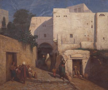 null Hippolyte PLANTET (1829-1882).
City in the Maghreb.
Orientalist oil on panel,...