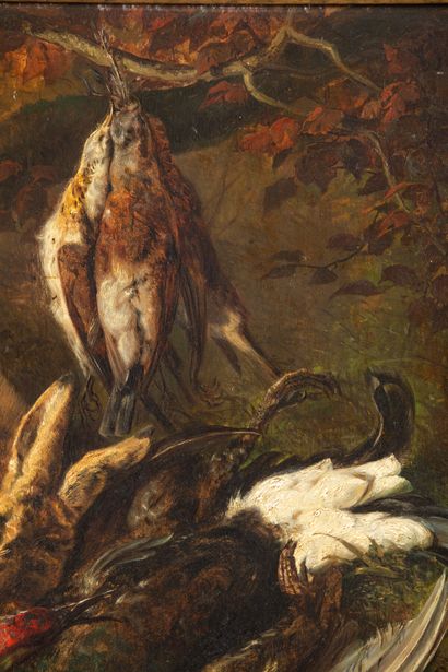 null Clara VON WILLE (1838-1883).
Nature morte aux lièvres et aux oiseaux.
Huile...