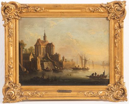 null Dutch school of the XVIIth century.
Animated landscapes of boats.
Pair of oil...