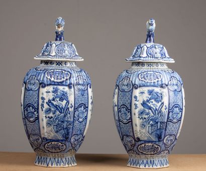 null DELFT.
Pair of covered earthenware vases with blue monochrome decoration.
The...