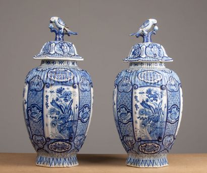 null DELFT.
Pair of covered earthenware vases with blue monochrome decoration.
The...