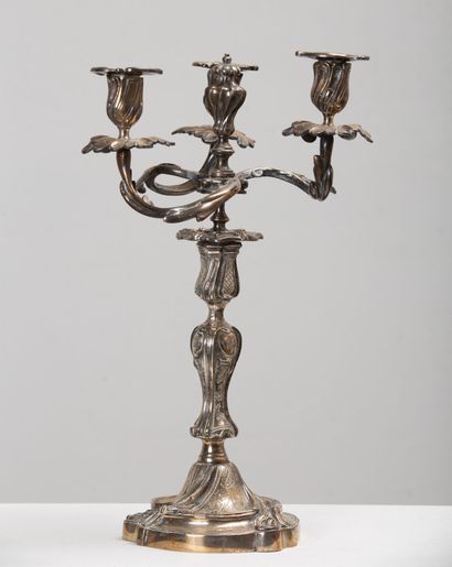 null Paire de candélabres en bronze argenté à trois lumières.
XVIIIème siècle.
H_42,5...