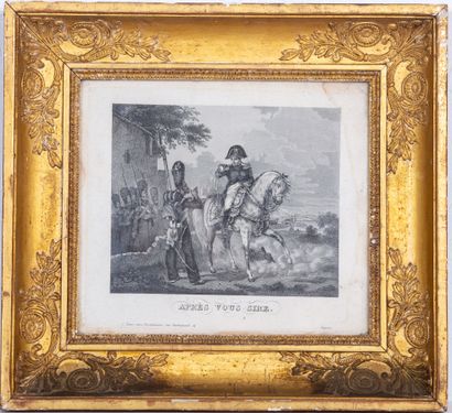 null One does not pass / After you Sire.
Pair of black engravings with Napoleonic...