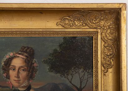 null Ecole française vers 1830, 
Portrait de femme dans un parc, 
Huile sur toile,...