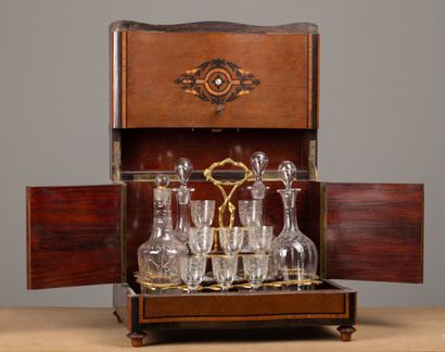 null Liquor cabinet in burr veneer inlaid with blackened wood, mother of pearl and...