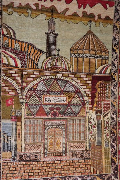 null TURKEY.
Woolen Konya carpet decorated with the mosque and the tomb of the scholar...