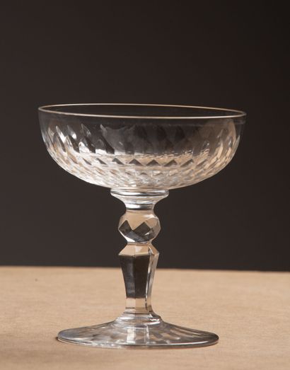 null Suite of nine crystal champagne glasses.
XIXth century.
H_10,5 cm D_9,6 cm