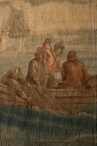 null AUBUSSON or FLANDERS.
Fishermen raising their nets.
Fragment of tapestry XVIIème,...