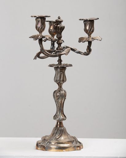 null Paire de candélabres en bronze argenté à trois lumières.
XVIIIème siècle.
H_42,5...