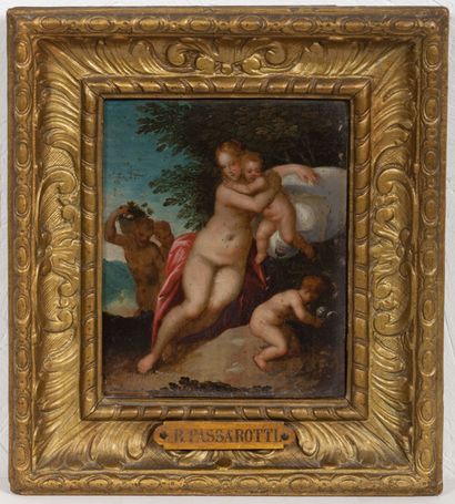 null Ecole italienne du XVIIème siècle.
Venus et l'amour.
Huile sur panneau.
H_16,5...