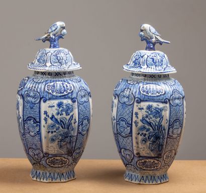 null DELFT.
Pair of covered earthenware vases with blue monochrome decoration.
The...