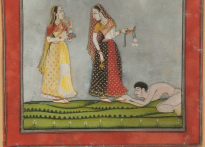 null Indian school of the XIXth century.
Man prostrating himself before two women.
Gouache.
H_24,5...