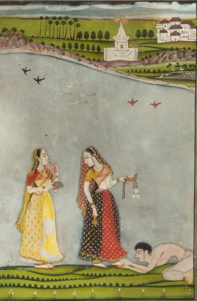 null Indian school of the XIXth century.
Man prostrating himself before two women.
Gouache.
H_24,5...