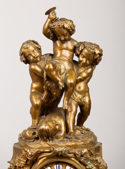 null Gilded bronze mantelpiece with harvesting bears including: a clock richly decorated...