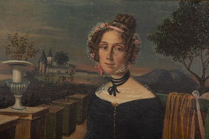 null French school around 1830, 
Portrait of a woman in a park, 
Oil on canvas, 
H_46,5...