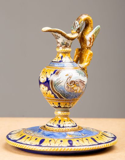 null NEVERS, Gabriel MONTAGNON.
Ewer and its frame in earthenware, with polychrome...