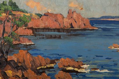 null Rex BARRAT (1914-1974).
Cove on the golden cornice.
Oil on isorel, signed lower...
